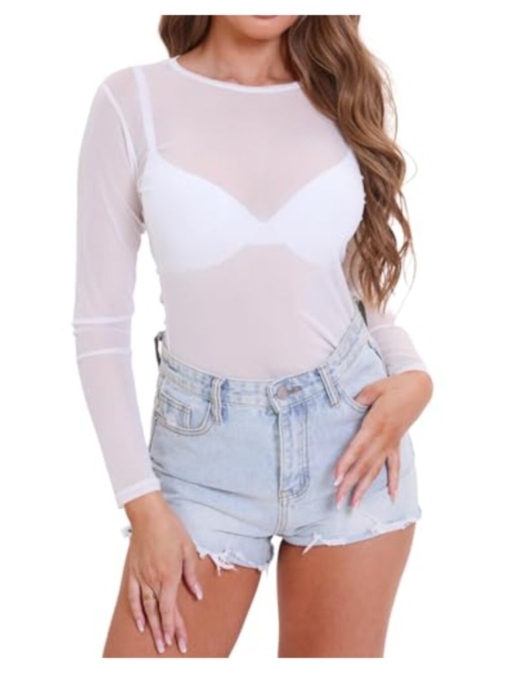 Sheer Mesh Long Sleeve Top Slim Fit Round Neck Women's Party Clubwear T-Shirt